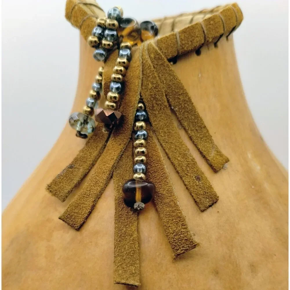 Handmade Gourd Vase Leather Wrapped Crystal Beads Fringe Folk Art Boho Artisian
